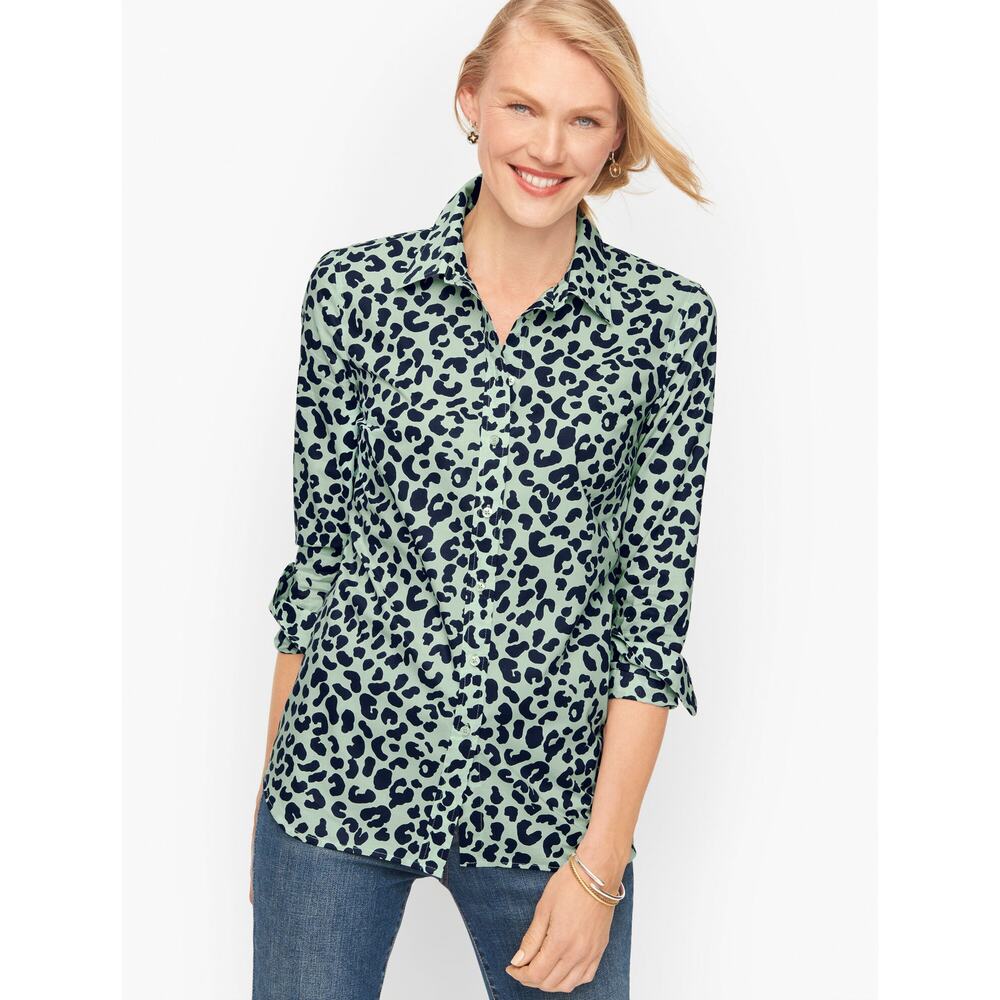 TALBOTS CLASSIC COTTON SHIRT in GRAPHIC CHEETAH‎ Size Large Petite Green Black